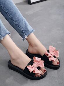 女士度假戶外平底拖鞋，蝴蝶結玫瑰裝飾開放式滑動涼鞋 - 粉色 - 查看 4