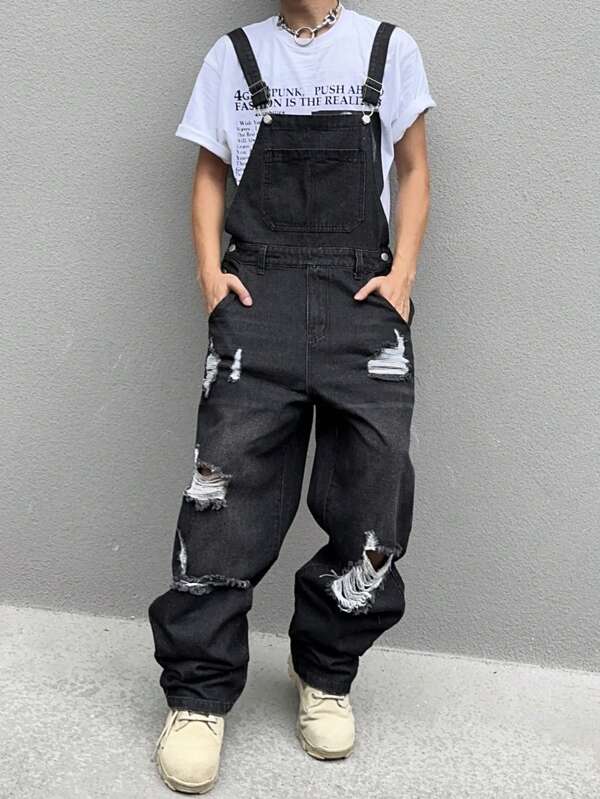 Manfinity Hypemode Modische und zerrissene Design schlichte Streetwear Rapper Jeans-Latzhose mit Gürtelschlaufen für Herren, zum Ausgehen