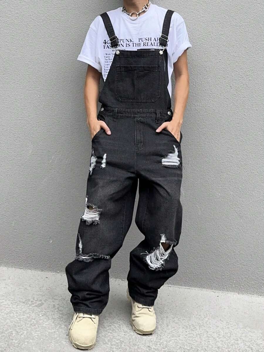 Manfinity Hypemode Overoles vaqueros con diseño rasgado, de moda y tendencia, de uso informal y para raperos, con presillas para cinturón, para salir