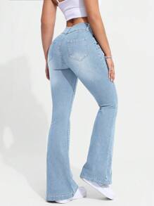 SHEIN EZwear 女士休閒寬腰喇叭牛仔褲 - 淺色水洗藍 - 查看 2