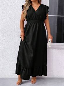SHEIN Clasi 女式加大码纯色简约日常 V 领连衣裙长款女装 - 黑色 - 查看 3