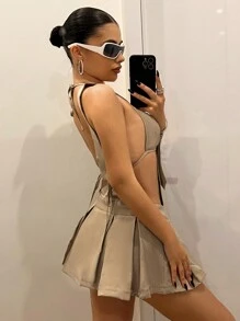 SHEIN ICON Ensemble d'été : haut de soutien-gorge triangulaire sexy, avec dos ouvert et jupe suspendue à plis ultra basse à la taille - Kaki - Voir 3
