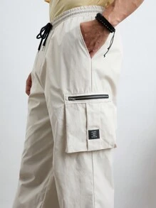 Manfinity VCAY 編織男士休閒鬆身彈性腰口袋實色長褲，適用於日常穿著和青年年齡組 - 杏色 - 查看 6