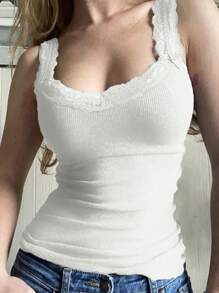 INAWLY Lace Patchwork Ruffle Trim Slim Fit Tank Top - White - View 1