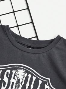 Comfortcana Casual White Line Guitar Pattern Grey Round Neck Short Sleeve Slim Short T-Shirt For Women, Suitable For Summer Music Festival - Dark Grey - View 4