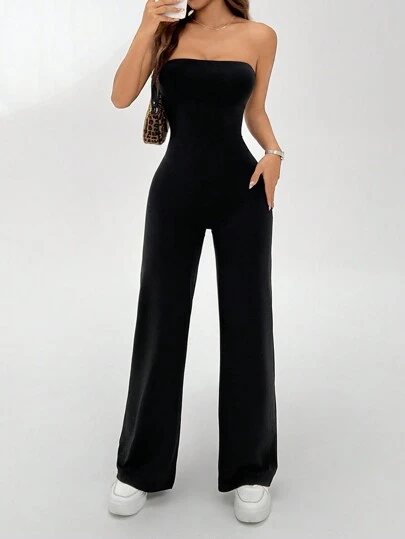 SHEIN PETITE Mono con falda acampanada sin tirantes de unicolor y de uso diario para mujer