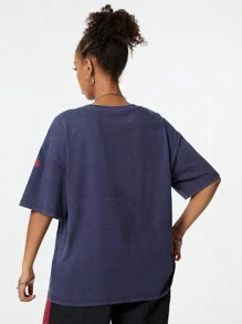 SHEIN EZwear Women's Summer Streetwear Knit Graphics Washed T Shirt - Black - View 2