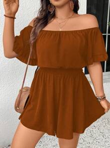 SHEIN Clasi Bộ áo liền quần màu trơn xếp nếp xếp nếp Plus Size dành cho nữ có tay áo xếp nếp, trang phục thường ngày đơn giản và phong cách - trái cam - Xem 5