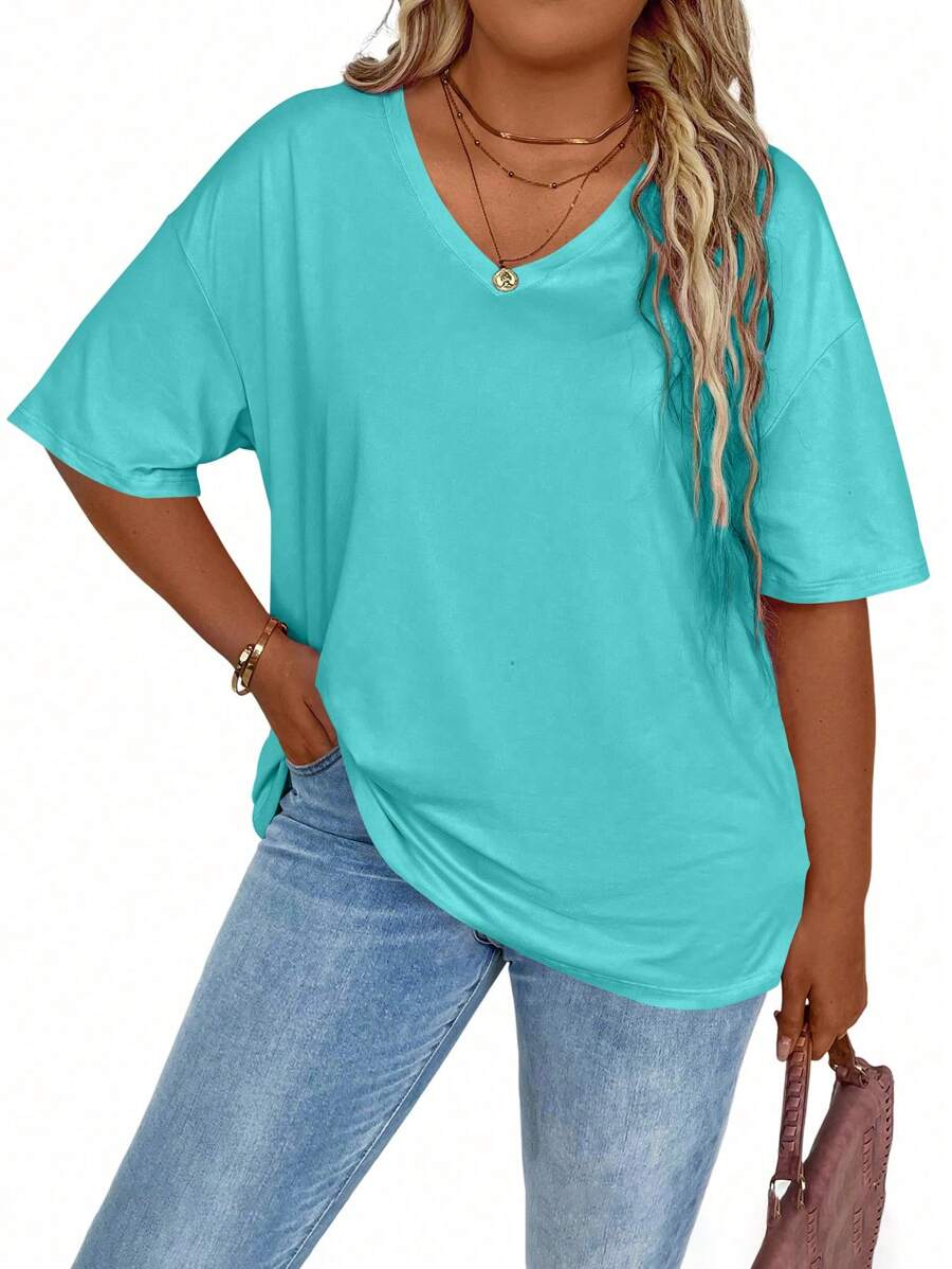 EMERY ROSE Plus Size Women's Solid Color V-Neck Drop Shoulder Short Sleeve Casual T-Shirt For Summer - Cadet Blue - View 1
