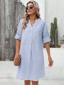 SHEIN LUNE Women's V-Neck Striped Casual Everyday Outing Dress With Buttons - Blue and White - View 6