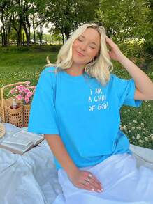 INAWLY 女式夏季宽松圆领落肩短袖 T 恤，带口号图案，我是上帝的孩子图案 T 恤女式上衣 - 藍色 - 查看 2