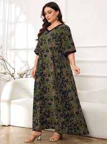 Al Najma 大码休闲日常穿着印花女式长袍，全长家居服 Jalabiya 宽松连衣裙 - 彩色 - 查看 1