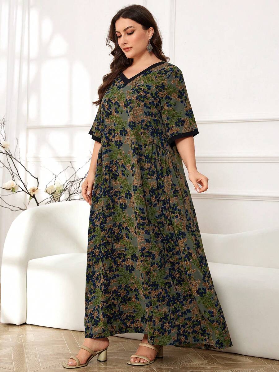 Al Najma 大码休闲日常穿着印花女式长袍，全长家居服 Jalabiya 宽松连衣裙 - 彩色 - 查看 1