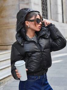 EURMUSE Shiny Printed Crop Puffer Coat In Black - Black - View 7