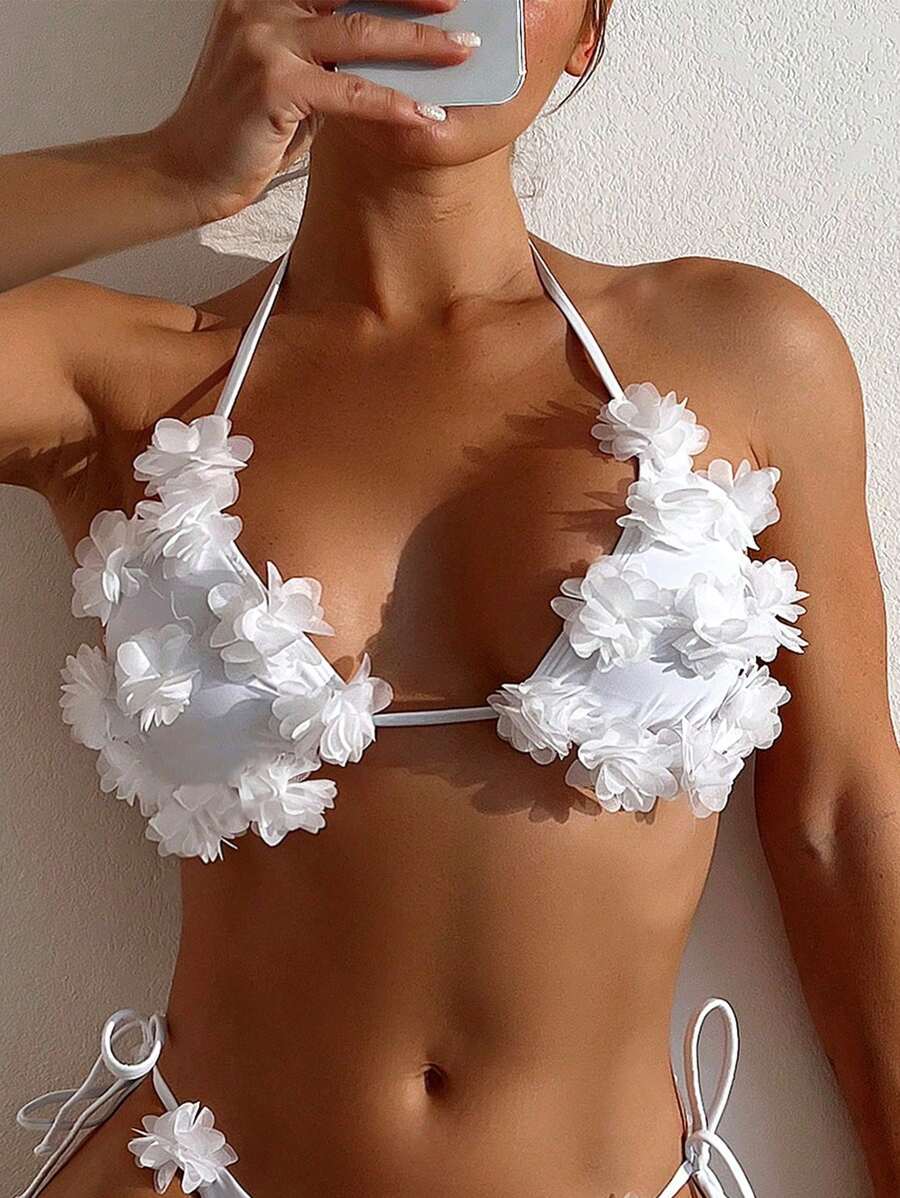 SHEIN Swim Summer Beach Appliques Halter Triangle Bikini Top