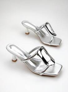 Spring/Summer Women's Elegant & Fashionable Silver Metallic Buckle Decorated High Heel Mules, Featuring Comfortable & Stylish Metal Textured Fabric & Pointy Toe Design For Daily & Party Wear - Silver - View 5