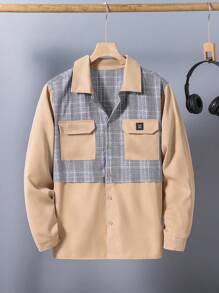 SHEIN Camisa informal de estilo de ropa de trabajo escocesa con parche de bolsillo para chicos adolescentes - Multicolor - Ver 1