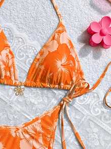 Swim Mod 女士夏季海滩花卉印花吊带比基尼套装，性感两件套比基尼套装