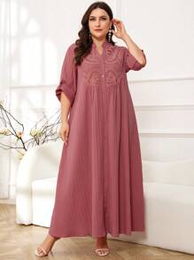 Seusyu Plus Contrast Embroidery Roll Tab Sleeve Modest Dress For Summer - Pink - View 5
