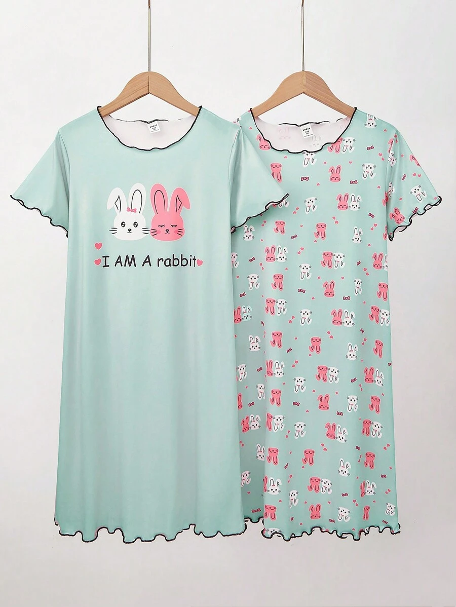 少女短袖圓領睡衣連衣裙，家居服 - 綠色 - 查看 1