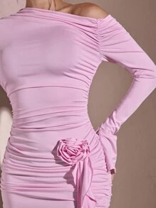 SHEIN BAE Vestido de mujer de punto elástico con hombros descubiertos, rosa suave, estilo femenino, con decoración de flores tridimensionales y volantes, para fiesta de cumpleaños, brunch de verano y otoño - Rosa - Ver 6
