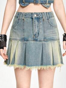 ROMWE Grunge Punk Raw Hem Pleated Denim Skirt For Summer - Light Wash - View 1