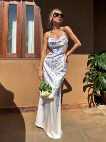 SHEIN VCAY Fall Floral Print Women's Spaghetti Strap Cut-Out Backless Bodycon Dress For Wedding Or Vacation