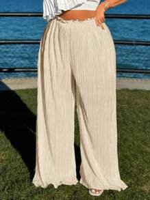 SHEIN SXY Plus Size Pleated Wide Leg Pants For Summer Vacation - Beige - View 1