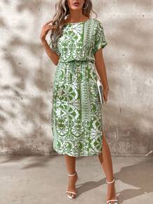 SHEIN Clasi Vestido verde y blanco de largo asimétrico para mujer, ropa de vuelta al colegio de otoño, estilo "Old Money", ropa de maestra, vestidos de mujer en verde con cintura ceñida - Verde - Ver 8