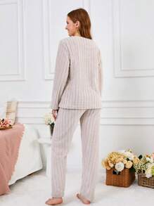 EURMUSE 2Pcs Pelush Ribbon Embroidery Detail PJ Set - Beige - View 2