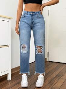 SHEIN Cottnline MID WAIST  MOM CUT RIPPED  FRAYED HEM JEAN - Light Wash - View 4