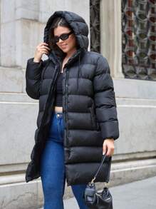 RueChic Plus Solid Button Up Hooded Puffer Coat