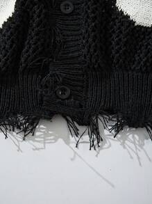 Giacca a maglia stile universitario unisex, nuova collezione autunno/inverno, con intarsio numerico, frange consumate e apertura anteriore - nero - Visualizzare 6