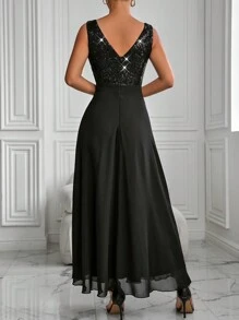 SHEIN Belle Contrast Sequin Mesh Insert Bridesmaid Dress - Black - View 2