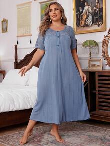 Patchwork Lace Loose Plus Size Long Pajama Night Dress - Baby Blue - View 3