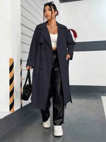 Flirla Plus Size Casual American Retro Dwurzędowy Płaszcz Trenczowy Z Kołnierzem Garniturowym, Klapami I Bocznymi Kieszeniami