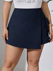 SHEIN Essnce Plus Size Women's Summer New Style Fashion Commuting Casual Elegant Vacation Green Mother Day Asymmetrical Hem Linen Shorts - Navy Blue - View 3