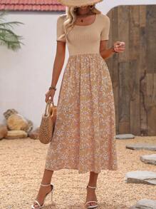 EMERY ROSE Contrast Ditsy Floral Print A-Line Dress For Summer Vacation Maxi Women Outfit - Khaki - View 3