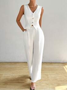 SHEIN x Carly Lawrence SHEIN Clasi 2入組雙排扣西裝背心和高腰拉鍊直筒西裝褲 - 白色 - 查看 4