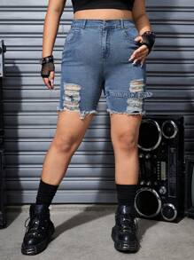 ROMWE Grunge Punk 大码女式弹力修身松紧腰部破洞设计牛仔七分短裤，学校风 - 藍色 - 查看 3