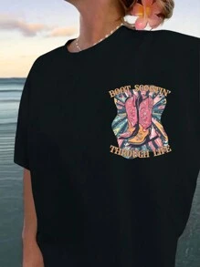 INAWLY Loose Summer T-Shirt, Women's Oversized Short Sleeve Tee With Western Cowboy Boot Print On The Back Graphic Tees Women Tops