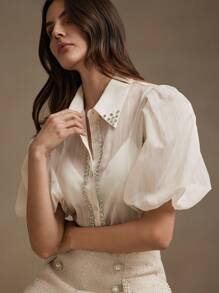 Anewsta Summer Heavy Duty Hand-Beaded And Diamond-Encrusted Puff Sleeve Apricot Blouse Women Shirt - Apricot - View 2