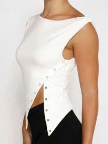 SHEIN EZwear Camiseta de talla grande de mujer con cuello redondo, manga cap y botones en unicolor con dobladillo dividido, para verano
