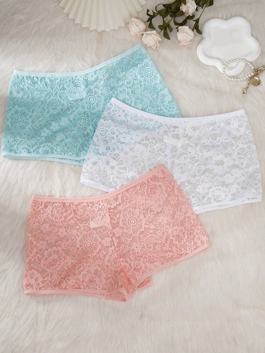 3pcs Ladies' Plain Lace Trimmed Briefs For Daily Wear - Multicolor - View 1