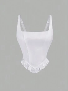 SHEIN MOD Áo hai dây satin trắng thanh lịch dành cho nữ, áo hai dây họa tiết hoa ba chiều có thể tháo rời, áo crop top màu trắng, áo ngực, áo, áo, áo mùa hè cho nữ, áo đồng quê, áo trắng, áo đi chơi - trắng - Xem 4