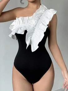 Chiquease Women's Asymmetrical Neckline Ruffle Trimmed Slimming Elegant Bodysuit - Black and White - View 4