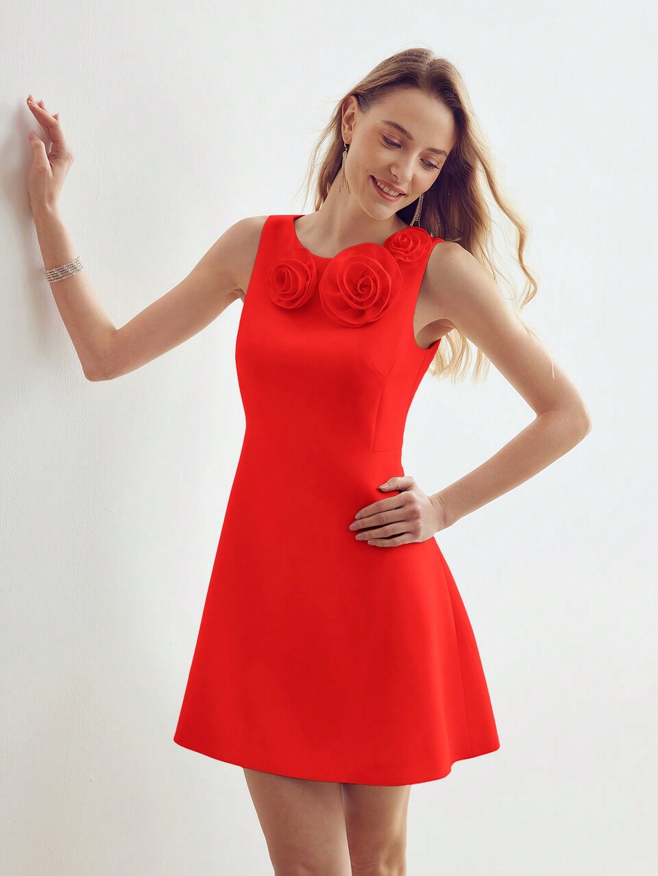 3D FLORAL PATCHED A LINE DRESS
