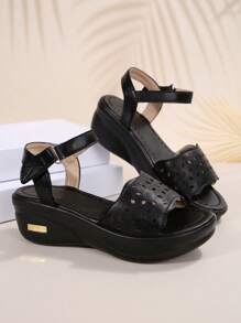 女款夏季新款時尚楔型涼鞋，開放式前端厚底羅馬鞋，輕巧多用 - 黑色 - 查看 6