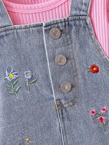 Overol de mezclilla bordado para bebé niña con blusa de manga corta sólida - Rosa - Ver 3