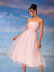 SHEIN Belle 褶皺網紗面料，層次搭配的女裝雞尾酒會派對禮服 - 粉色 - 查看 4